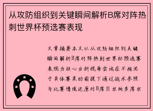 从攻防组织到关键瞬间解析B席对阵热刺世界杯预选赛表现
