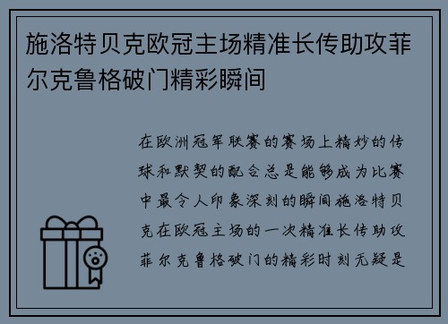 施洛特贝克欧冠主场精准长传助攻菲尔克鲁格破门精彩瞬间